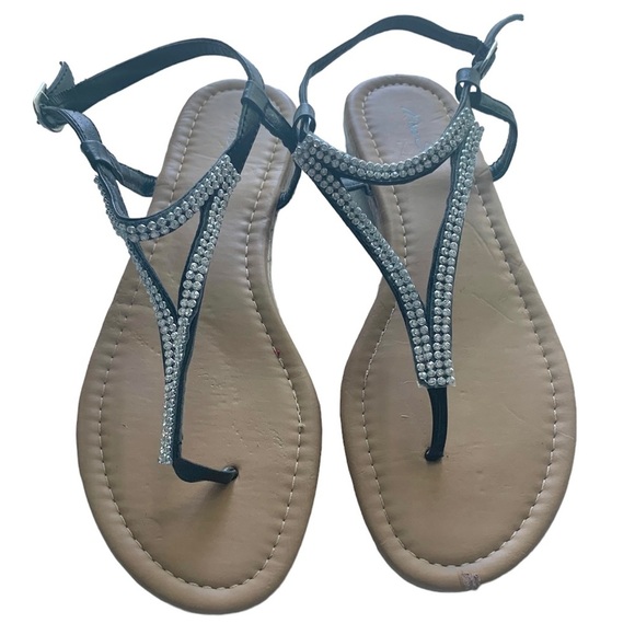 Miss Shop Sz7 Vegan Flat Rhinestone Sandals - Picture 1 of 8